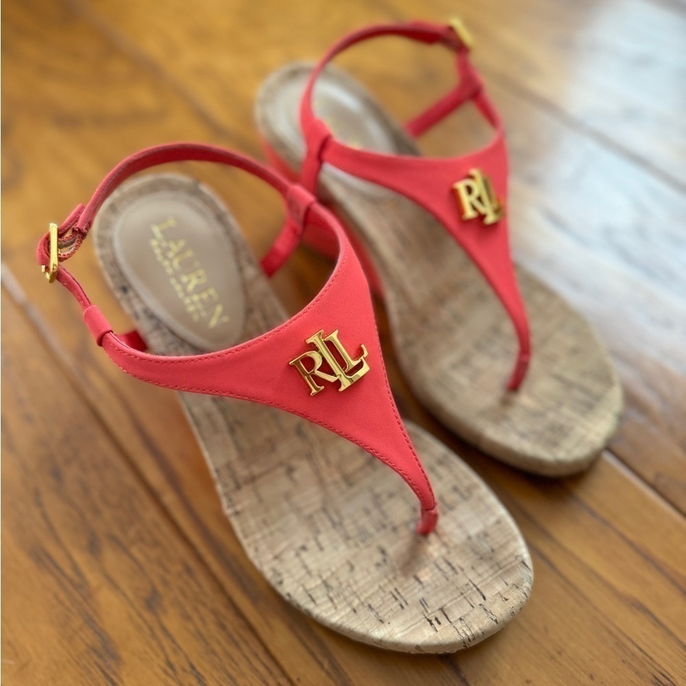 Lauren Ralph Lauren Jeannie Coral Logo Wedge Sandals Thong Flip Flop 6 - Picture 3 of 13